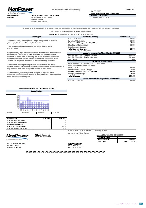 Download USA Mon Power business utility bill template in Word and PDF formats Photoshop template